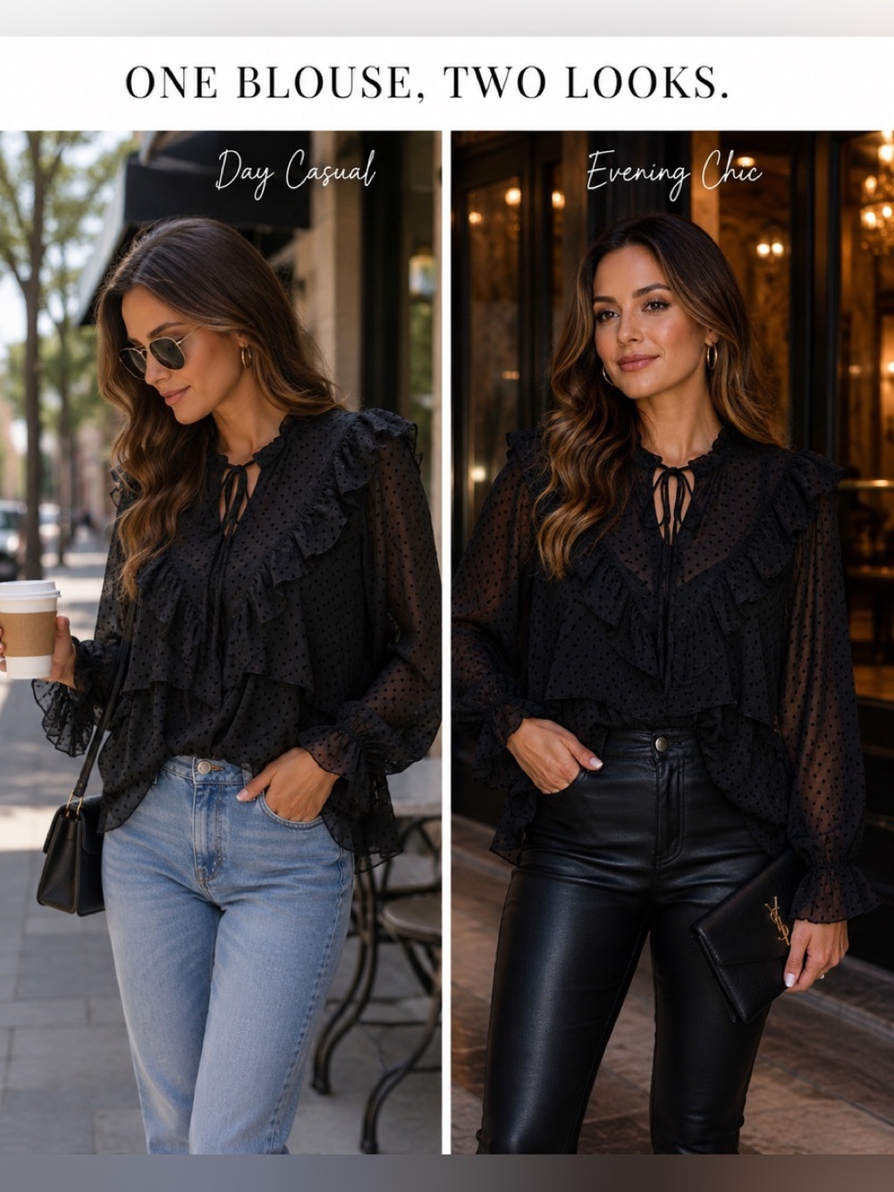 ZARA black mesh polka dot ruffle frill sheer lace long sleeve blouse Sz M